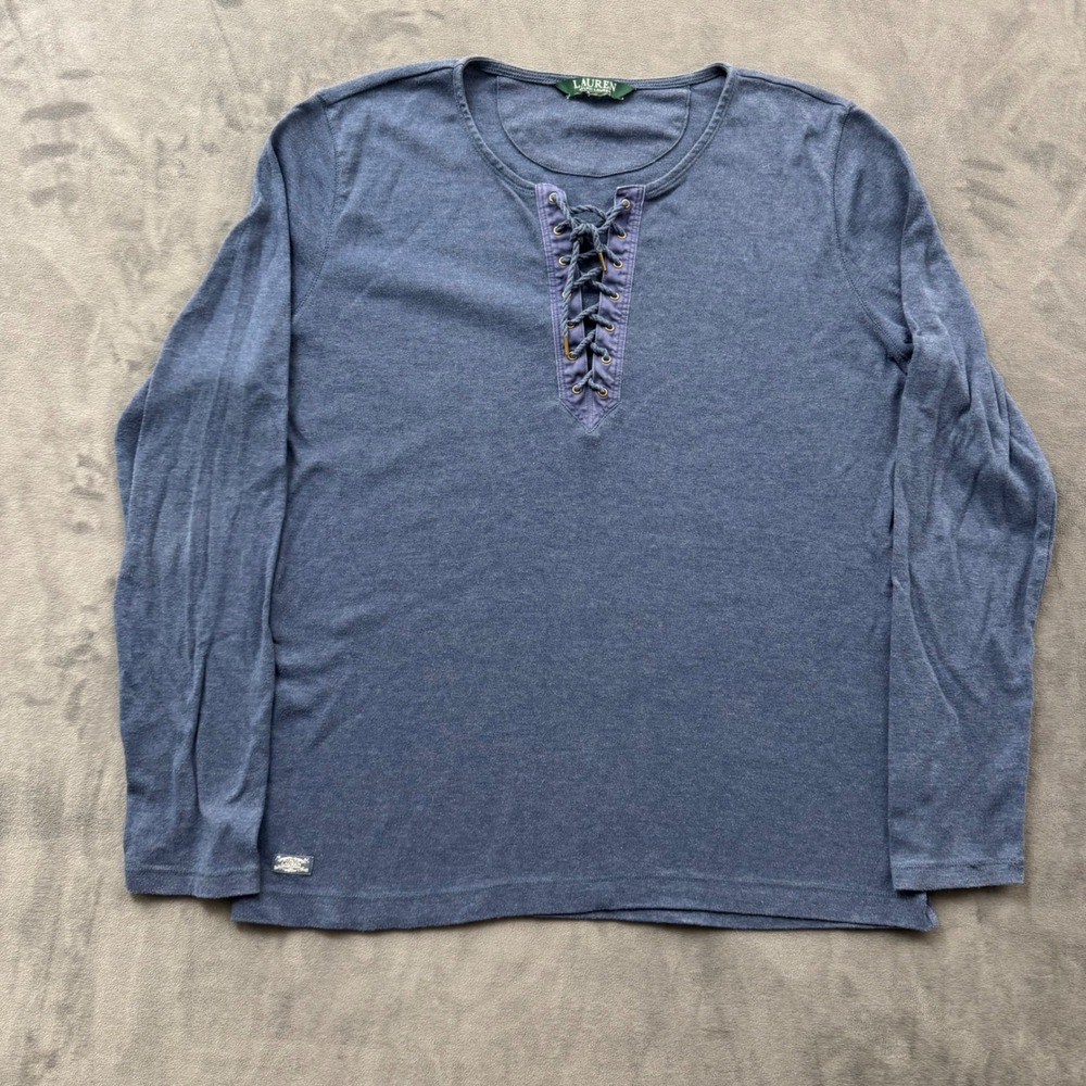 Lauren Ralph Lauren Blue Lace Up Long Sleeve Top Nautical Rope Tie Henley